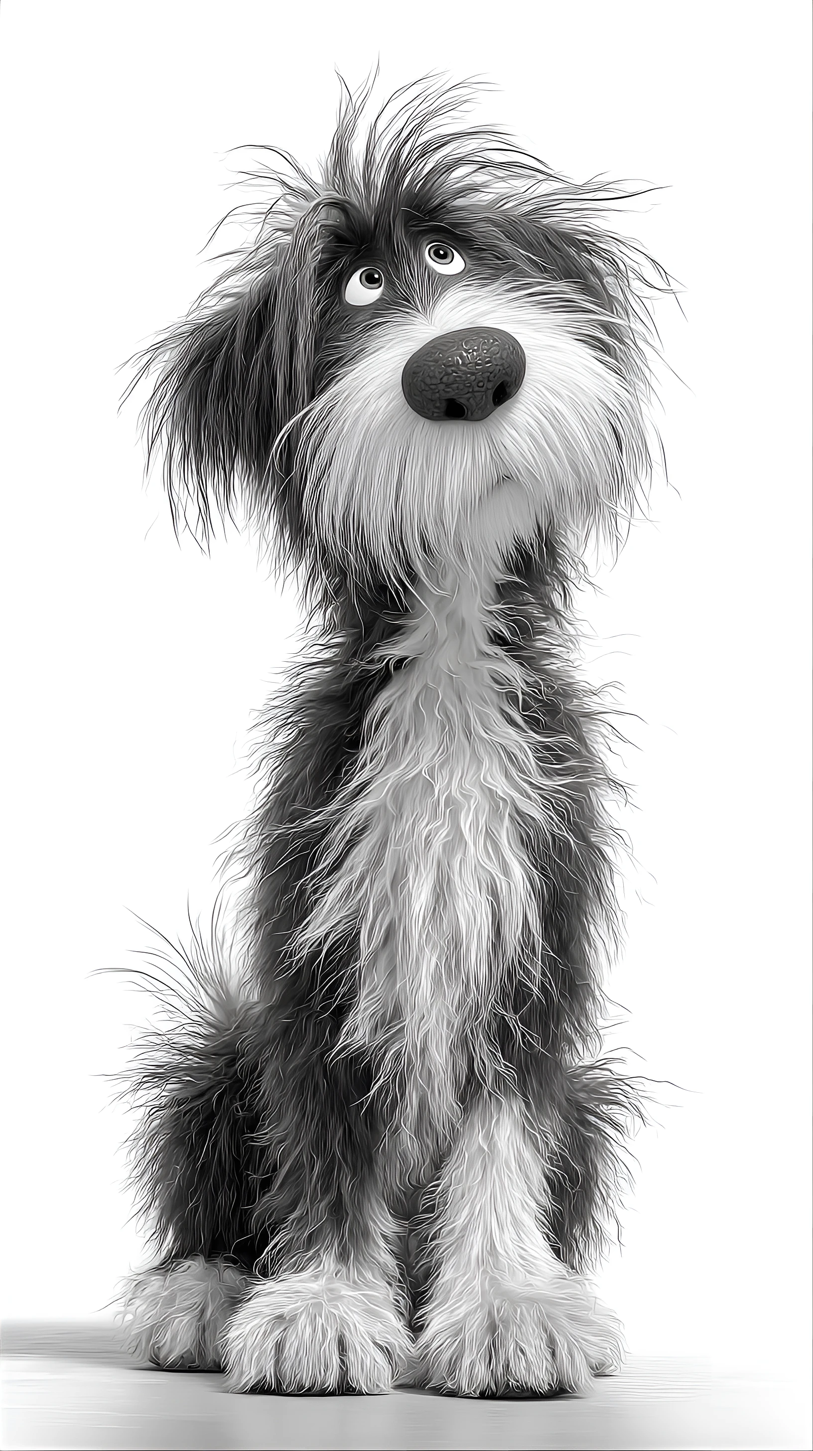 Expressive Whimsical Cartoon Black and White Dog with Shaggy Fur and Unconventional Hairstyle Image Prompt - Chinageju