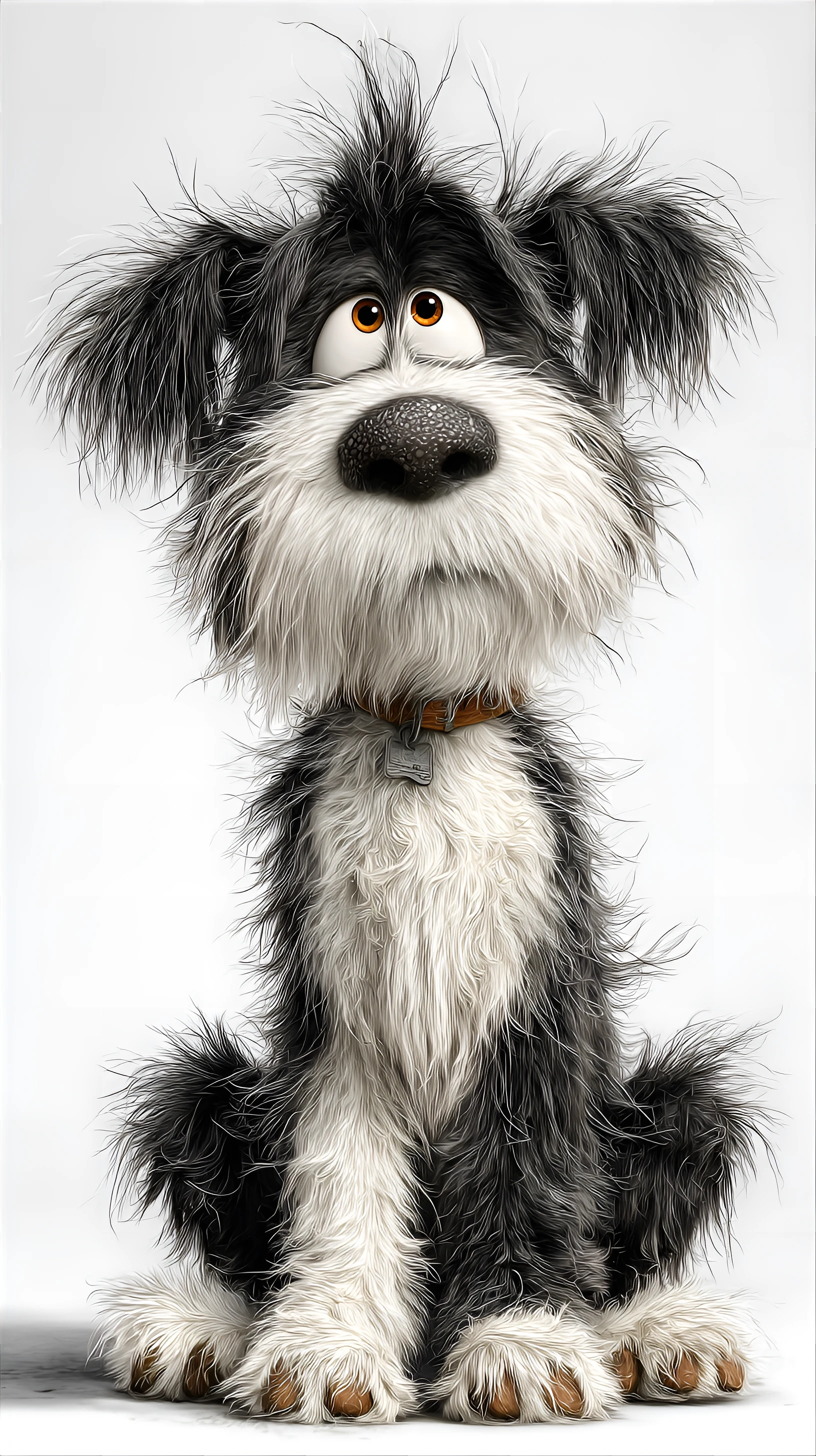 Whimsical Black and White Cartoon Dog: Expressive Shaggy Fur & Unconventional Hairstyle Image Prompt - Chinageju