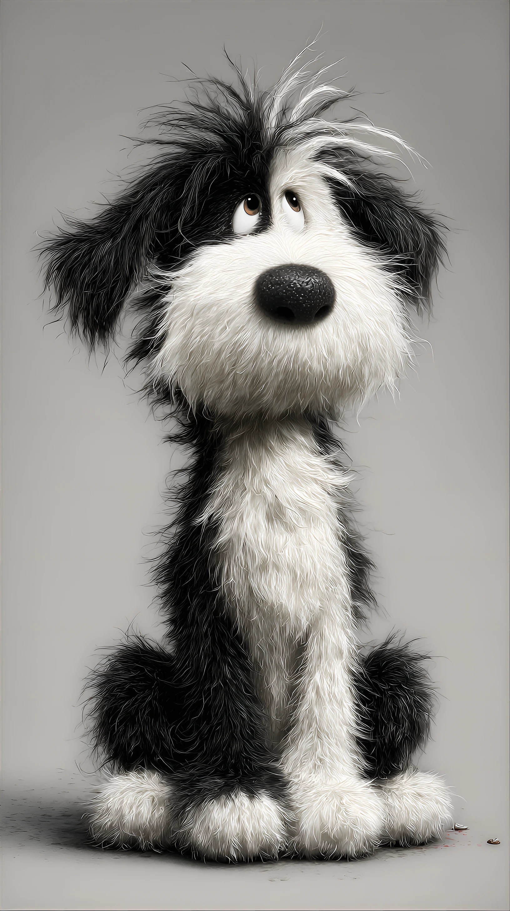 Whimsical Expressive Black & White Shaggy Cartoon Dog Image Prompt - Chinageju