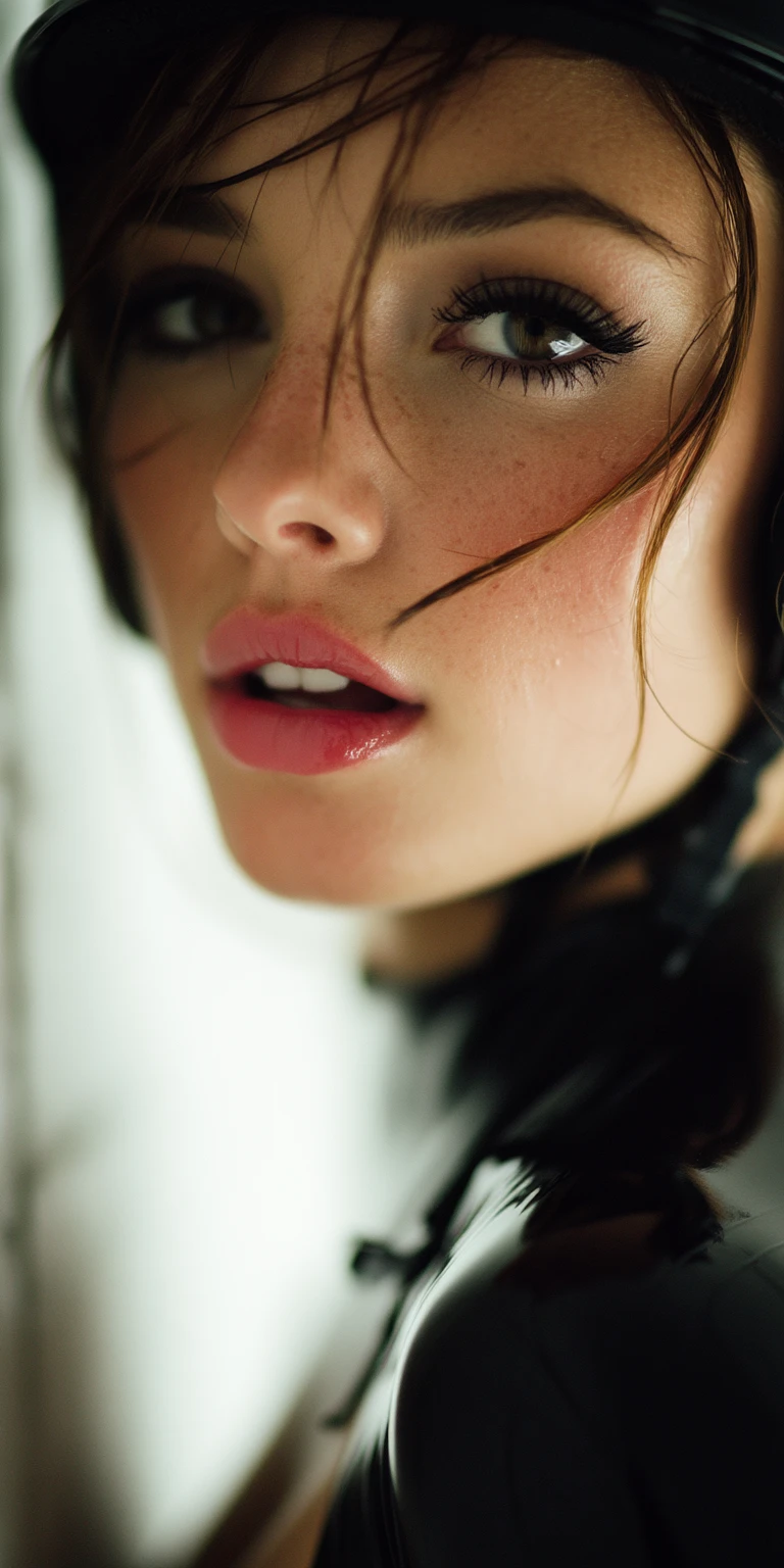 Close-up Futuristic Woman in Black Latex & Full Helmet: Minimalist Sci-Fi Room Image Prompt - Chinageju