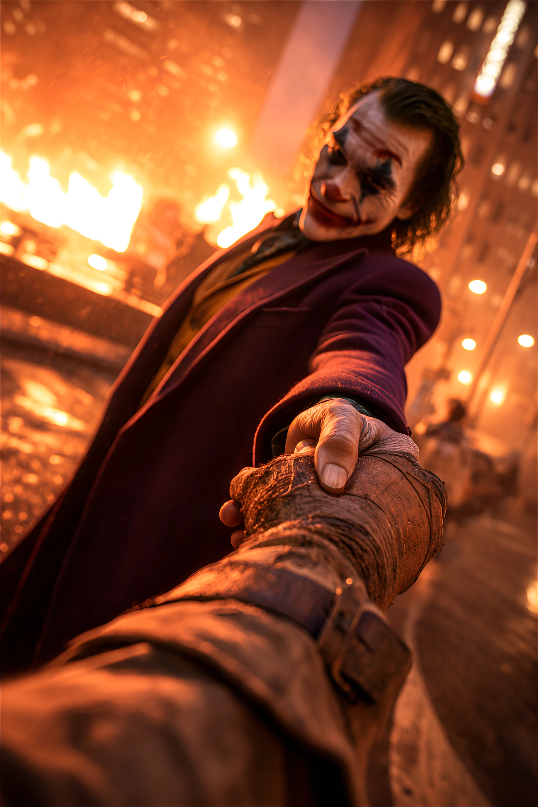 Sinister Joker Holding Hand in Fiery Night Cityscape Image Prompt - Chinageju