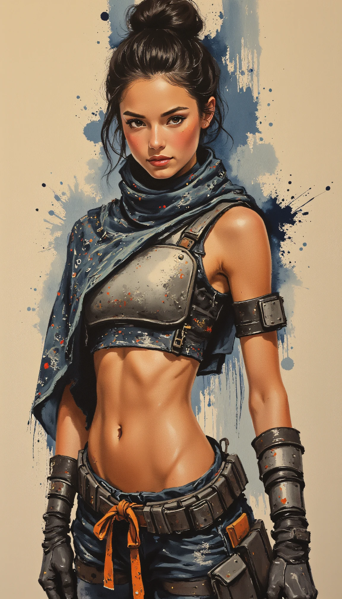 Pop Surrealist Painting: Video Game Heroine in Fantasy Armor with Stylized Abs Image Prompt - Chinageju
