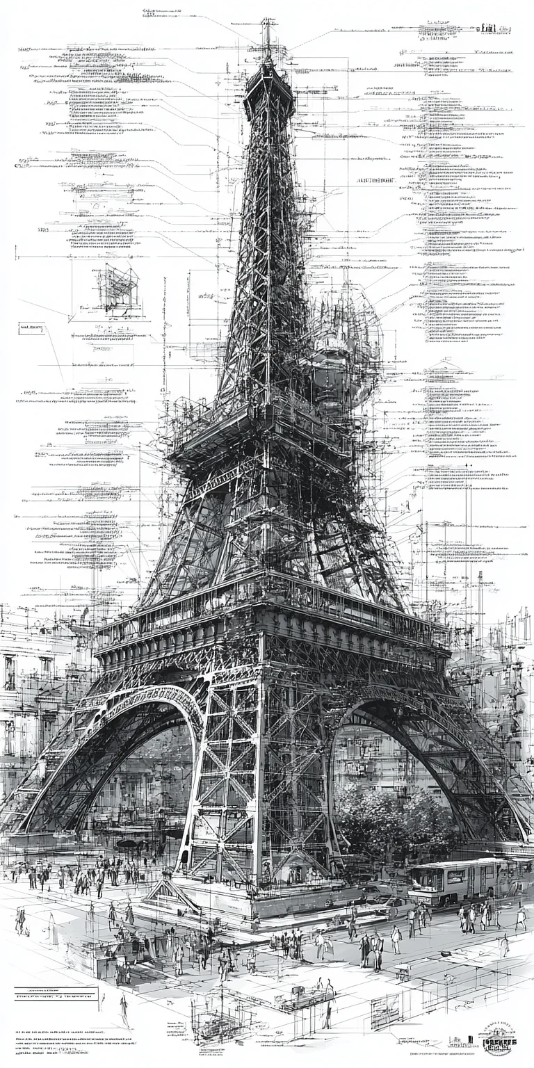 Eiffel Tower Structure: Diagrammatic Technical Drawing Image Prompt - Chinageju