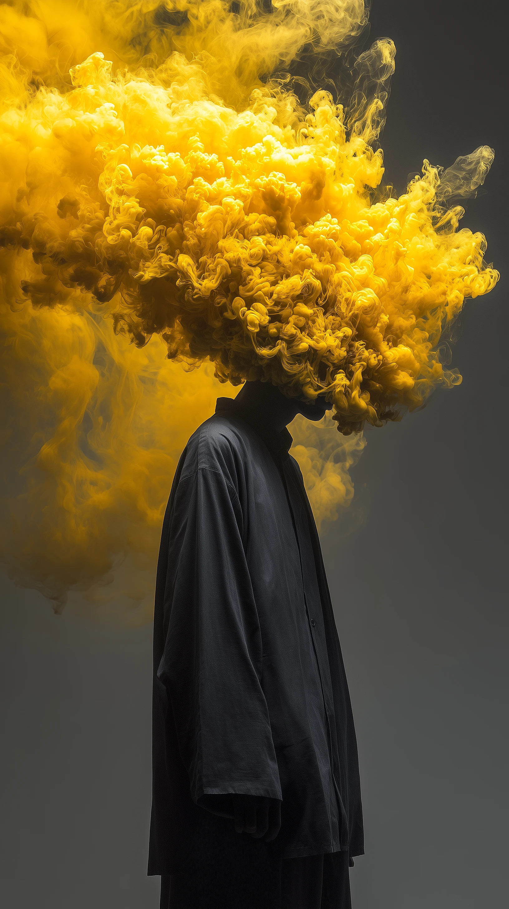 Vibrant Yellow Smoke Portrait: Mysterious Obscured Figure in Low-Key Realism Image Prompt - Chinageju