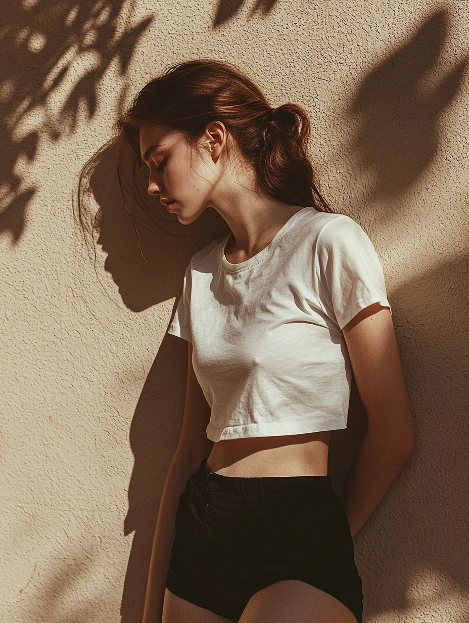National Geographic Minimalist Street Photography: Female Model Gazing at Shadow on Beige Wall Image Prompt - Chinageju