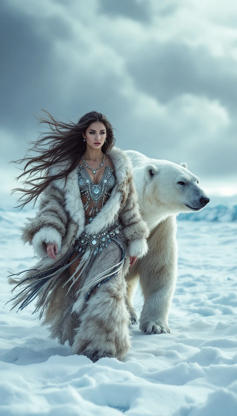 Epic Arctic Journey: Woman & Majestic Polar Bear in Stormy Snowscape Image Prompt - Chinageju