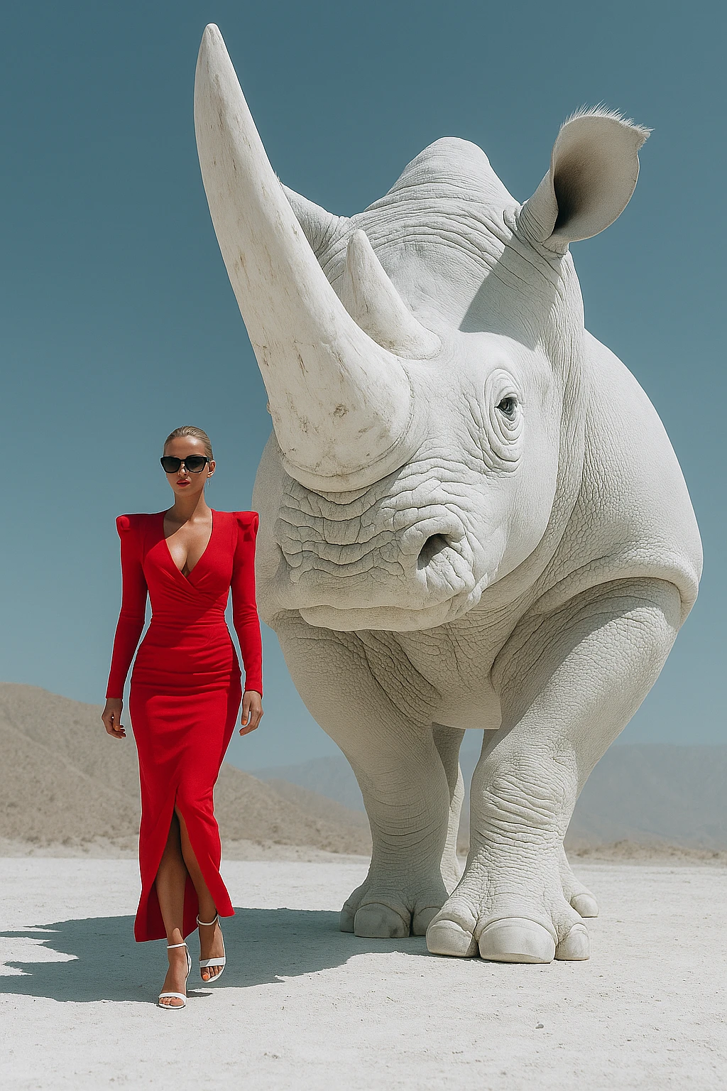 Vibrant Red Gown & Giant White Rhino: Surreal Desert High Fashion Image Prompt - Chinageju