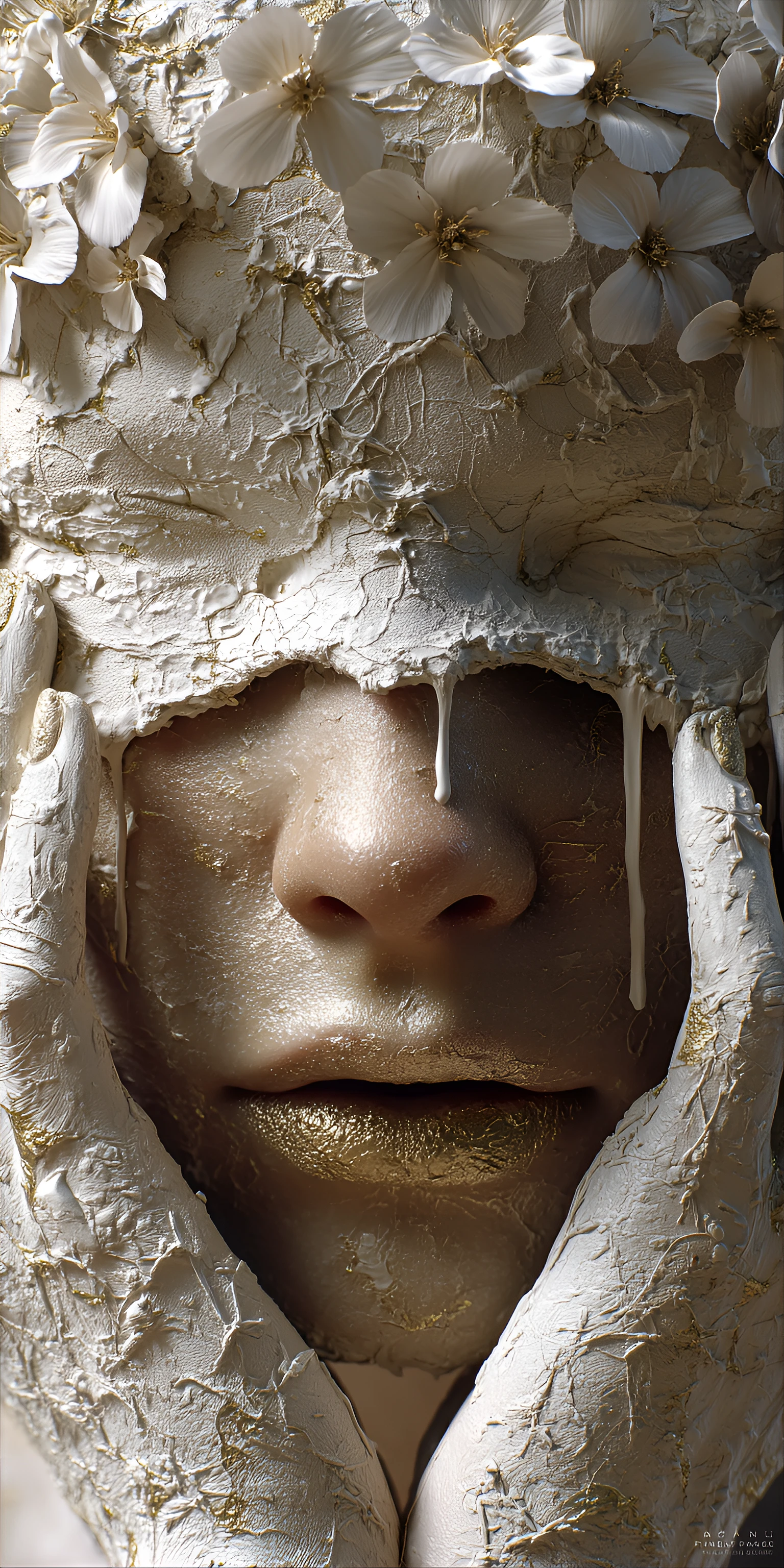Ethereal Woman Portrait: Highly Detailed Textured Clay & Floral Mask with Viscous Dripping Image Prompt - Chinageju
