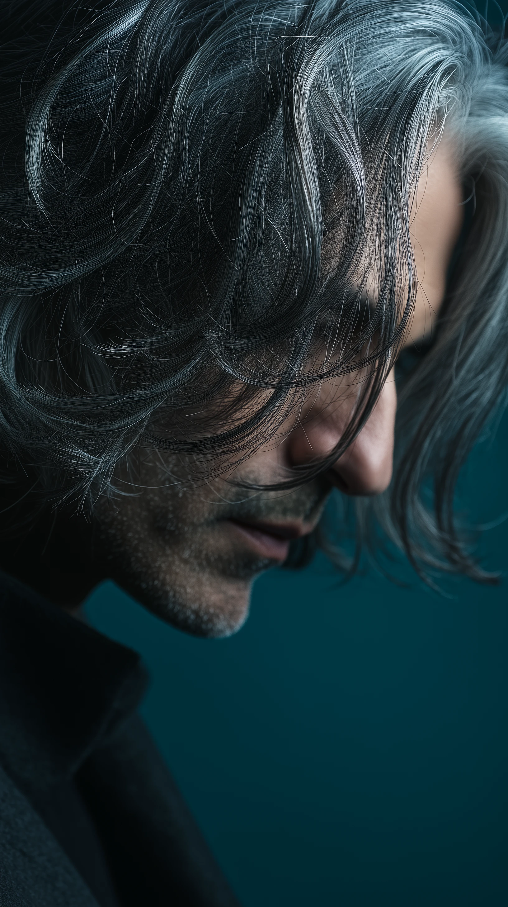 Ultra-Realistic Cinematic Grooming Portrait: Ash Gray Wavy Shoulder-Length Hair Man (Side View) in Deep Teal Studio Image Prompt - Chinageju