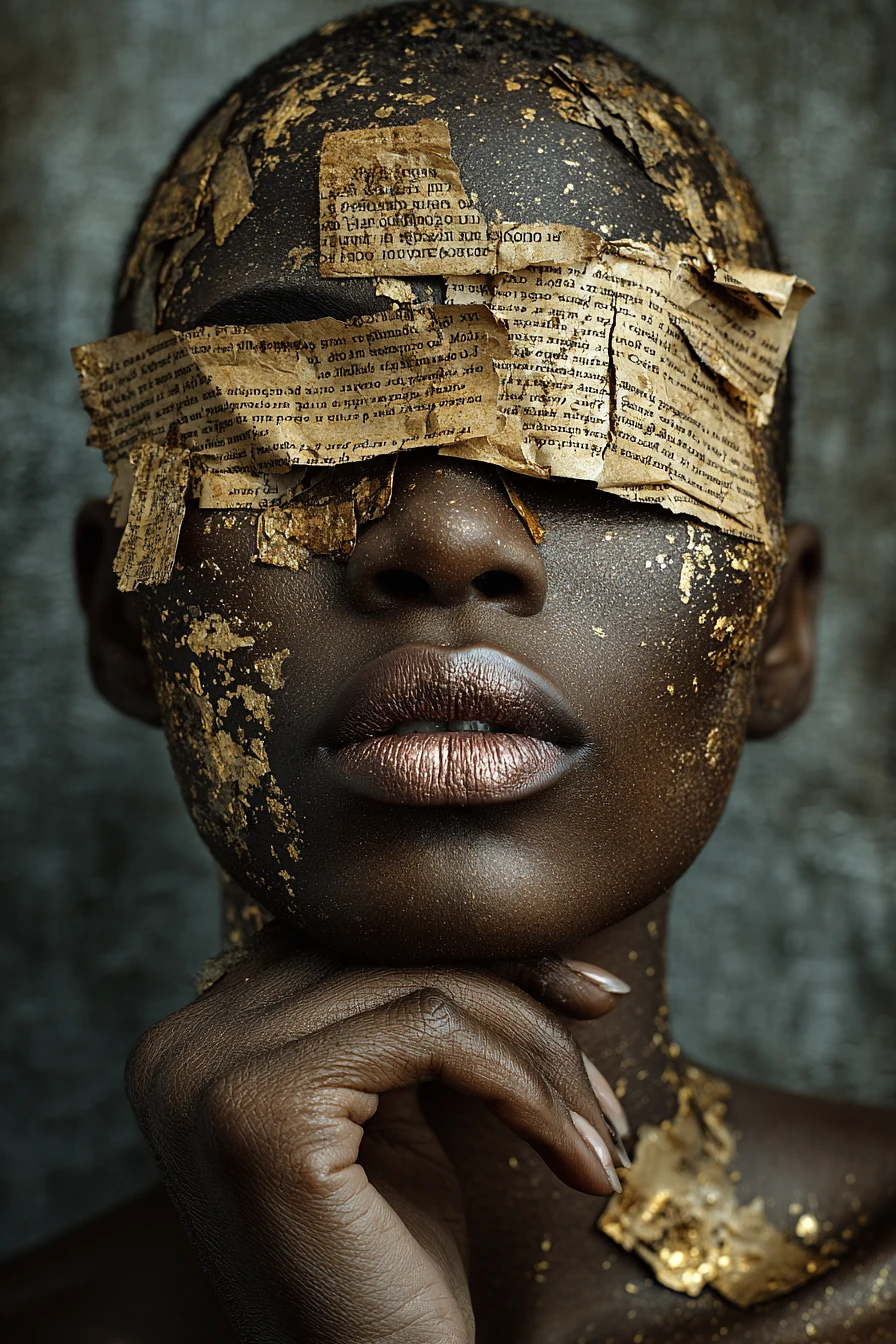 Detailed Surreal Art Deco Portrait: Contemplative Woman with Parchment & Gold Image Prompt - Chinageju