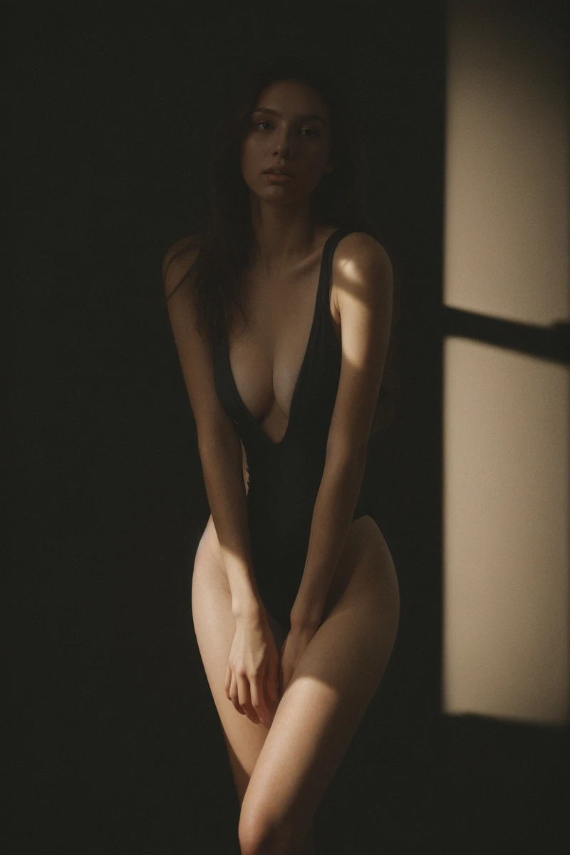 Sultry Confident Woman in Black Swimsuit: Chiaroscuro Lit Hyperrealistic Full Body Image Prompt - Chinageju