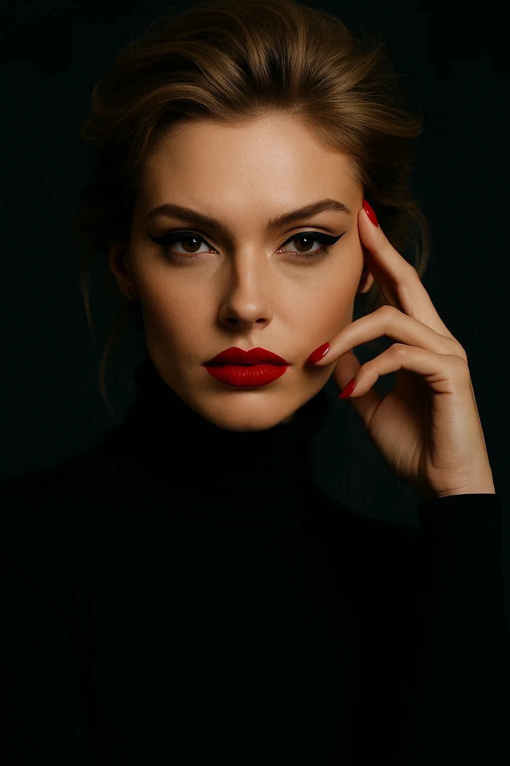 Luxury Fragrance Campaign Style Portrait: Confident Woman with Red Lips & Black Turtleneck Image Prompt - Chinageju