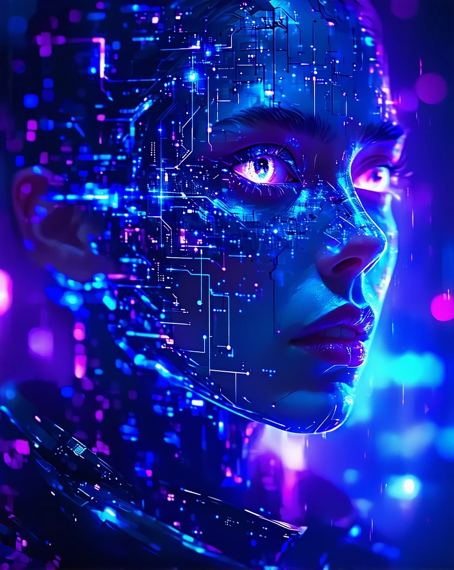 Hyper-realistic Cyberpunk Digital Dissolution Portrait: Neon Cyberspace Merging Image Prompt - Chinageju