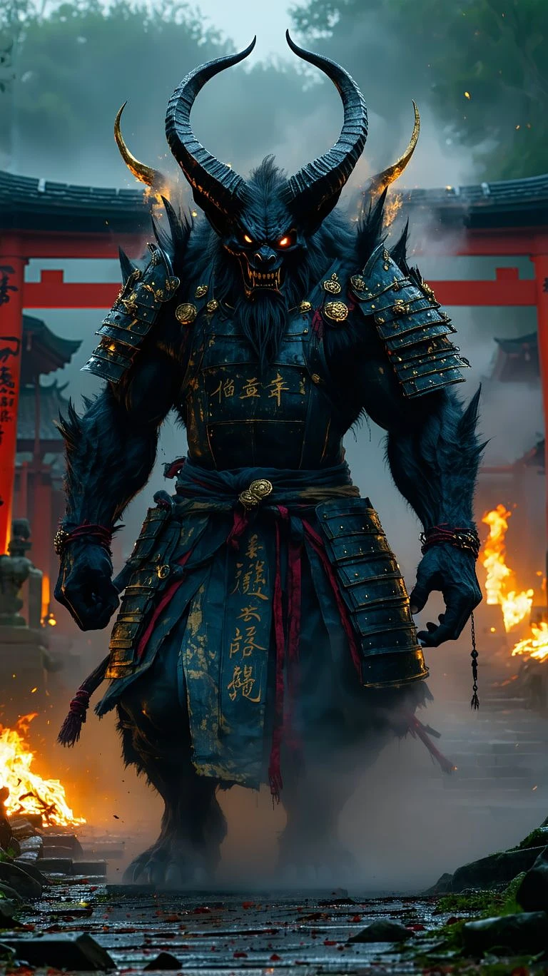 Colossal Armored Oni Warlord from Torii Gate with Kanabō Image Prompt - Chinageju