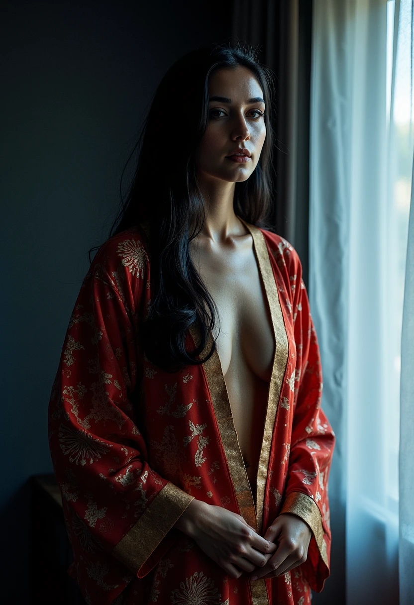 Serene Woman in Elegant Red & Gold Geometric Kimono Image Prompt - Chinageju