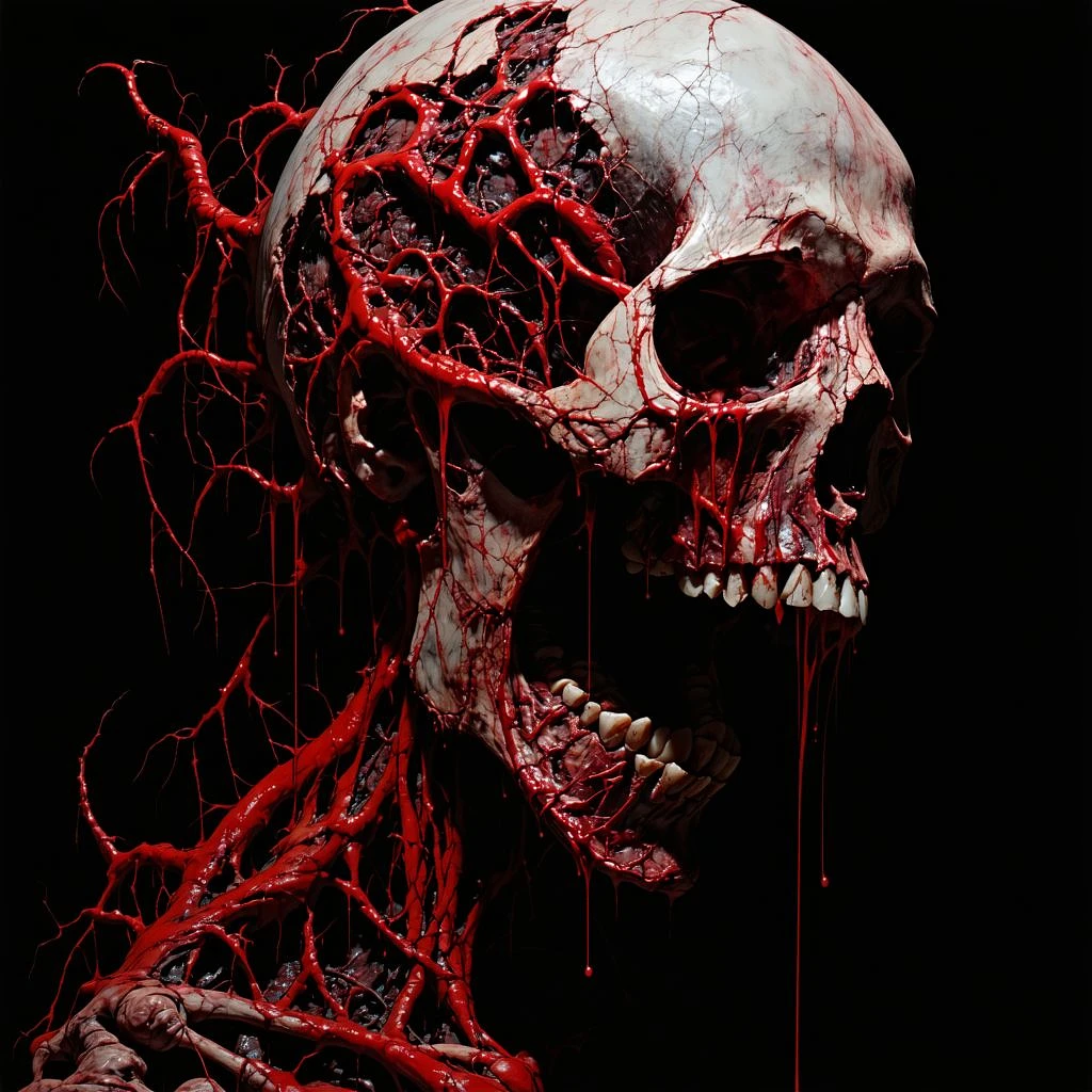 Unsettling Photorealistic Decayed Humanoid: Detailed Skeletal & Crimson Tendril Horror Image Prompt - Chinageju