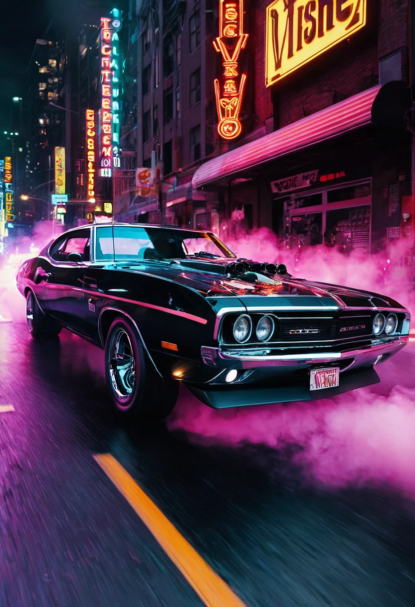 Hyper-Detailed Sci-Fi Alien '60s Muscle Car Burnout: Neon Night Street Scene Image Prompt - Chinageju