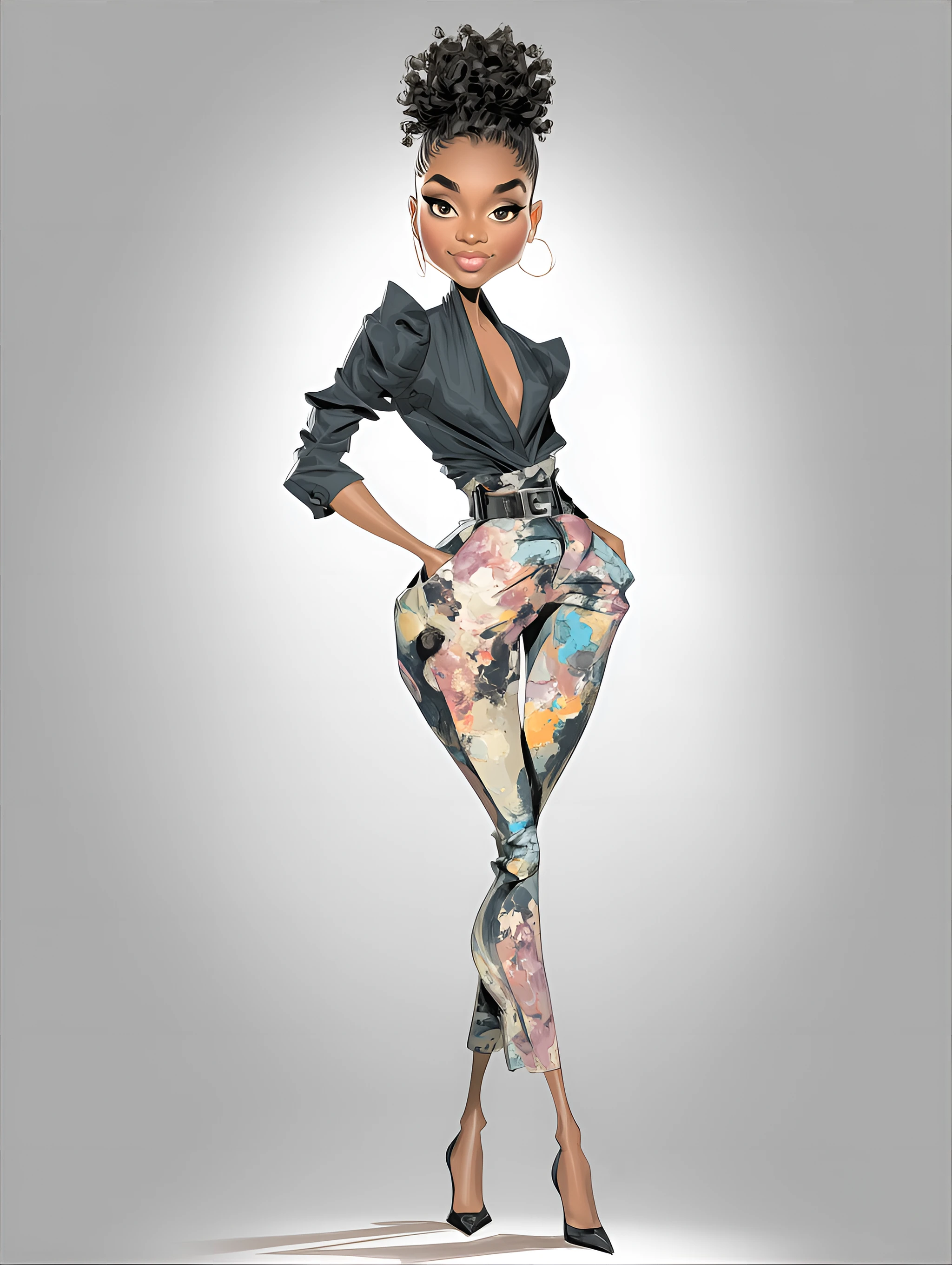 Fashion-Forward Caricature: Tall African Woman in Modern Chic Style Image Prompt - Chinageju