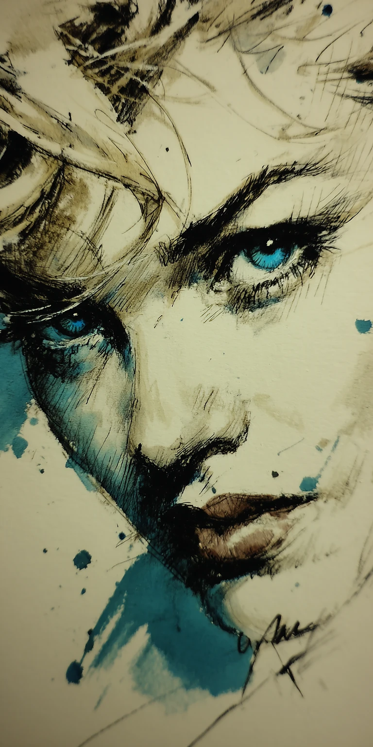 Soulful Expressionist Charcoal Portrait: Stunning Woman with Piercing Blue-Green Eyes in André de Dienes Style Image Prompt - Chinageju