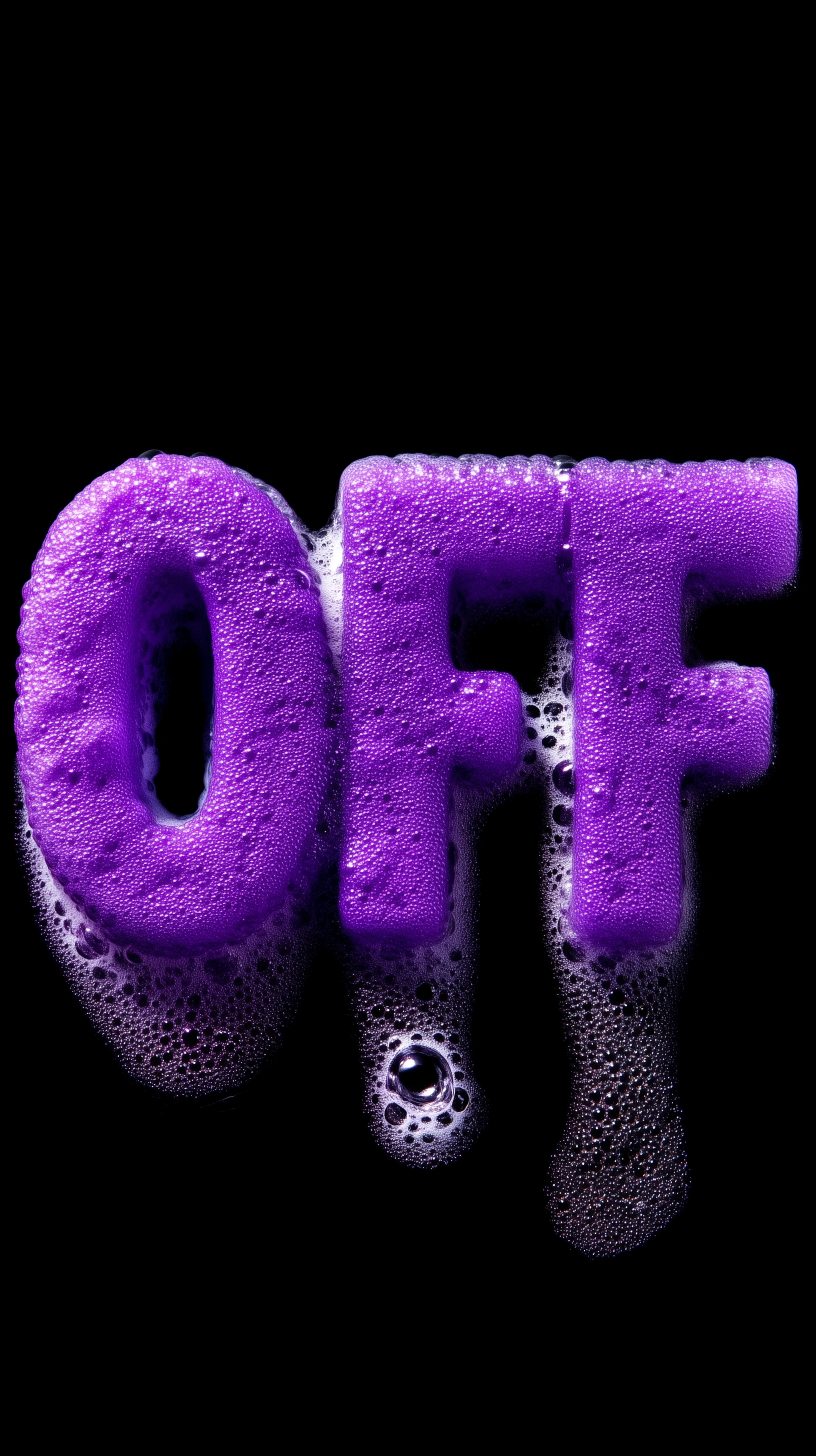 Macro Experimental Photography: 'OFF' Lettering in Deep Purple Foam with Bubbly & Silky Textures Image Prompt - Chinageju