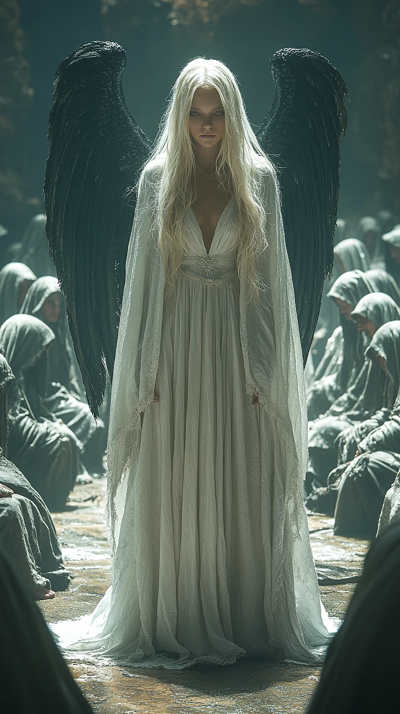 Full-Body Cinematic Photograph: Angelic Blonde Woman with Black Wings and Kneeling Hooded Men Image Prompt - Chinageju