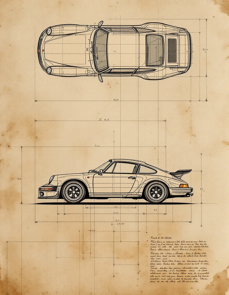 Vintage Multi-View Porsche 911 GT3 Technical Drawing with Handwritten Annotations Image Prompt - Chinageju