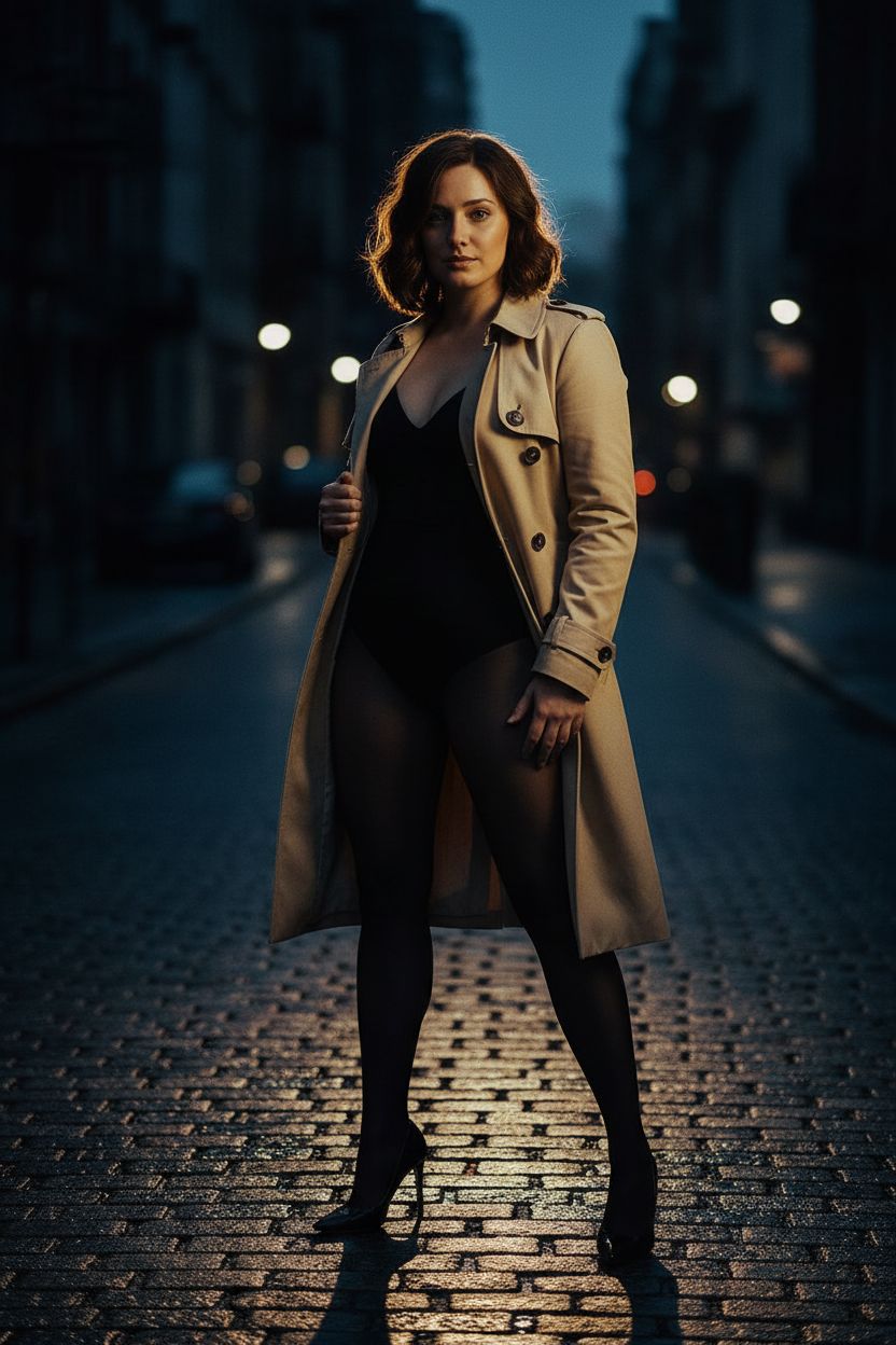 Dark Glamour High-Fashion: Trench Coat Editorial on Wet Cobblestone Street Image Prompt - Chinageju