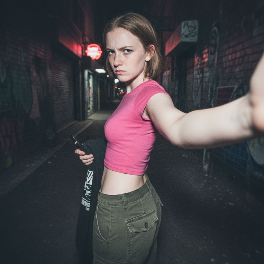 Gritty 2010s Lo-Fi iPhone Selfie: Edgy Casual Girl with Angry Over-Shoulder Gaze in Alley Image Prompt - Chinageju
