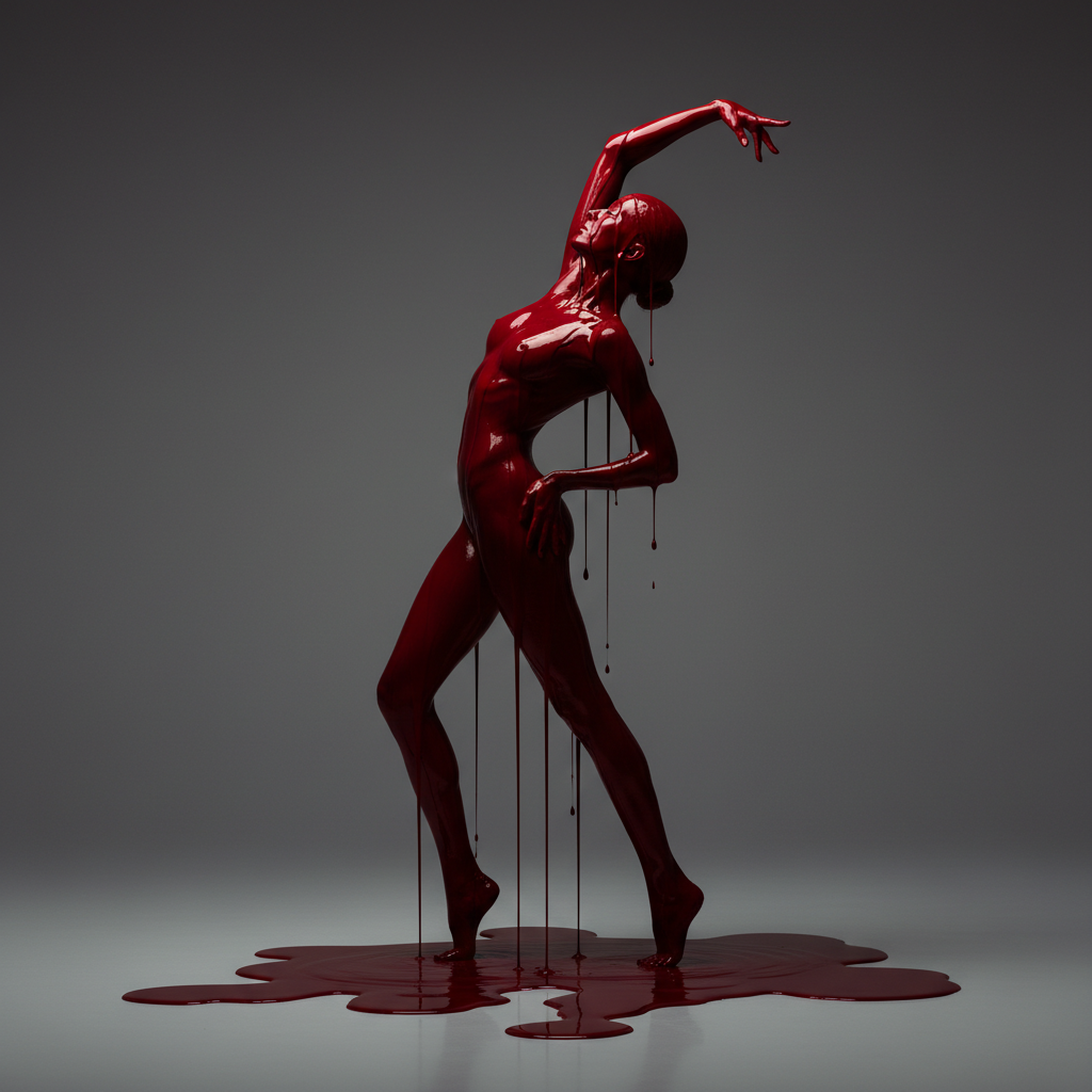 Dramatic Glossy Red Body Paint Studio Portrait: Sculptural Woman & Vibrant Contrast Image Prompt - Chinageju