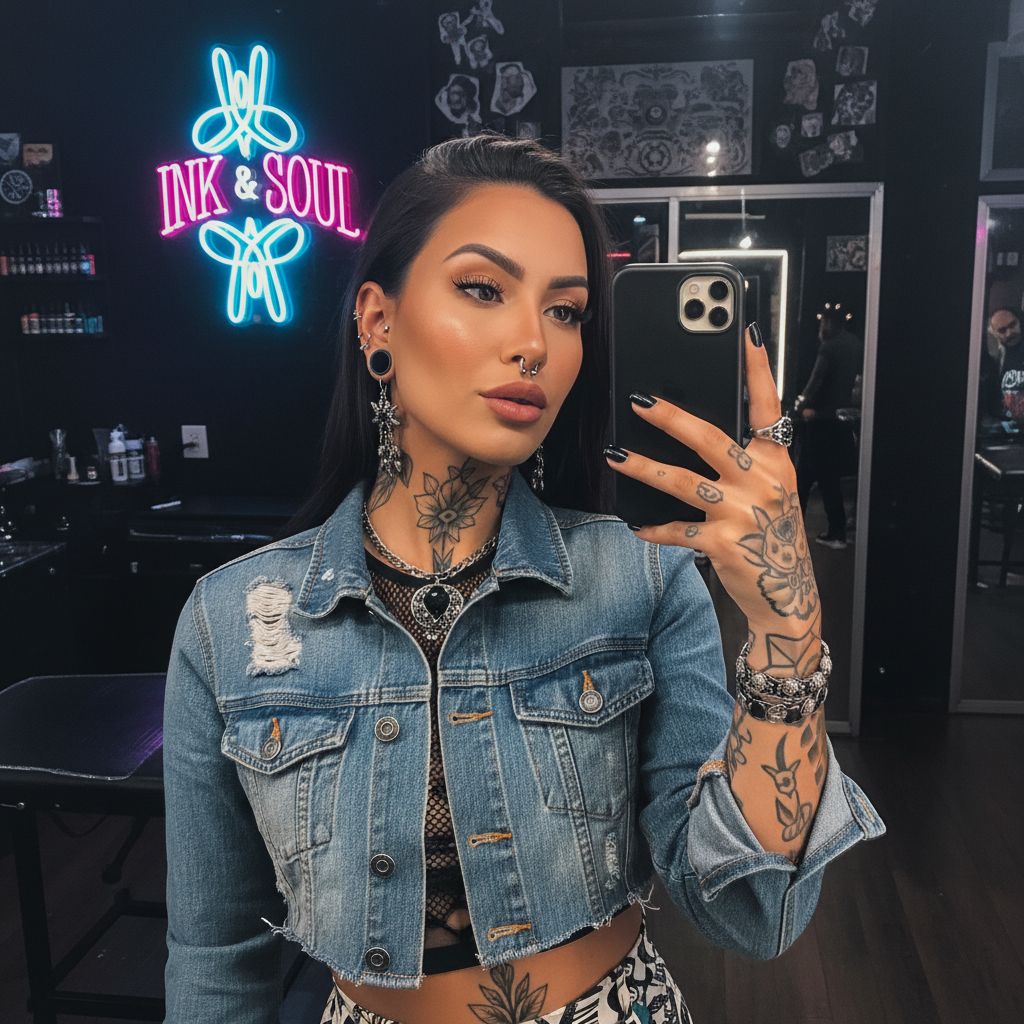 HD iPhone Selfie: Ultra-Modern Brazilian Beauty in Neon Tattoo Parlor Image Prompt - Chinageju