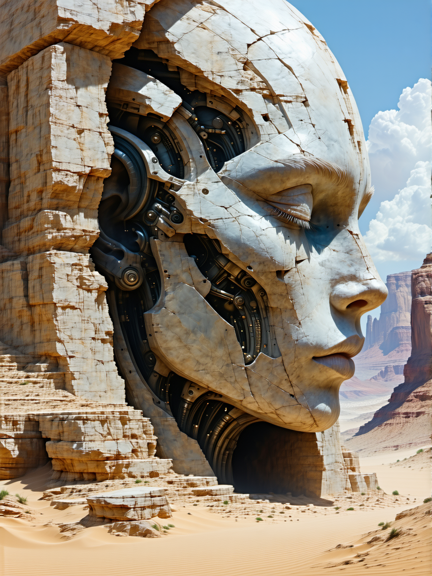 Ultra-Detailed Jim Burns Surreal Etched Stone Humanoid Face Desert Fantasy Image Prompt - Chinageju