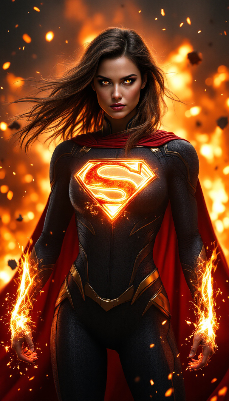 Epic Fiery Superheroine: Glowing 'S' Emblem & Dynamic Power Image Prompt - Chinageju