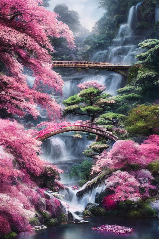 Panoramic Pink & White Japanese Flower Garden: Elegant Bridges - Chinageju